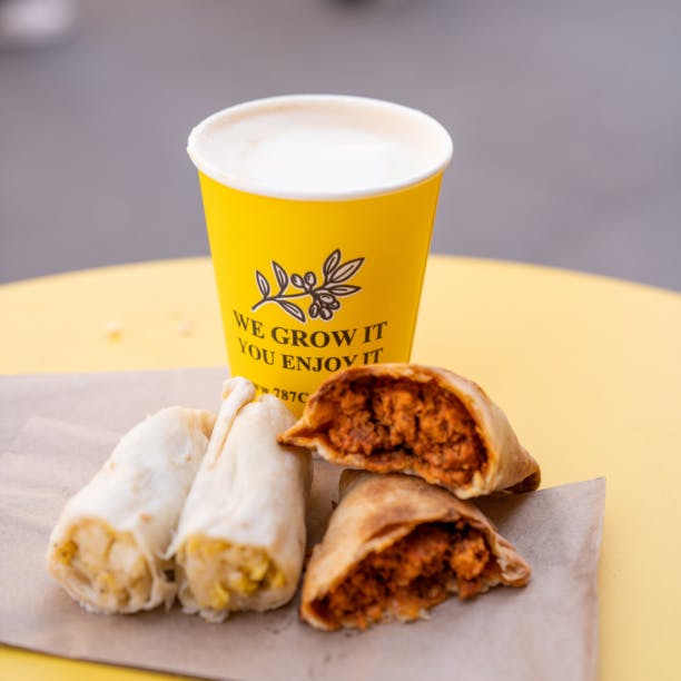Hot coffee, empanadas, and breakfast tacos from 787 Coffee in the Meatpacking District
